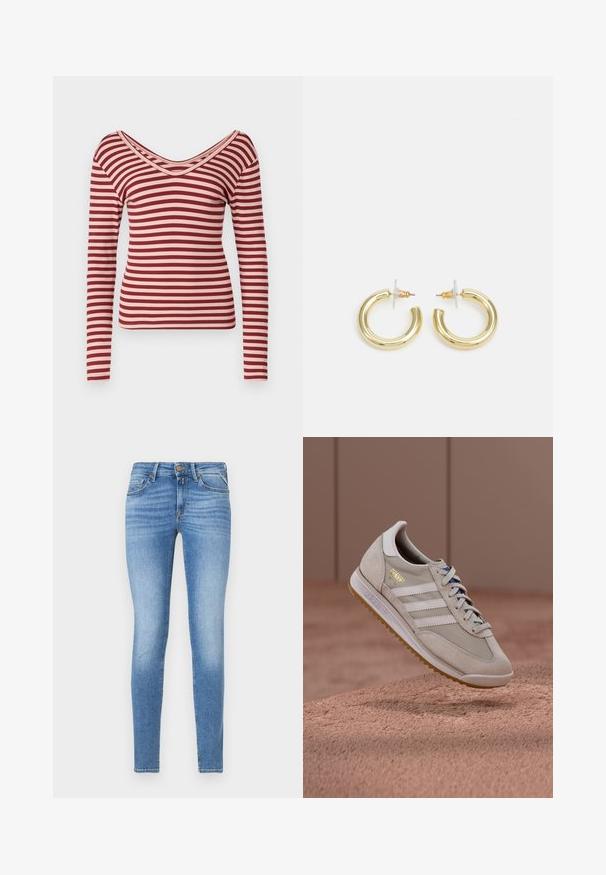 Langarmtop in rode en lichtroze strepen, met een diepe V-hals, ribbeltextuur en een aansluitend ontwerp.; Slim-fit lichtblauwe spijkerbroeken met een middelhoge taille, vooraan met knoopsluiting en een vijf-pocket ontwerp.; adidas Originals SL 72 RS UNISEX - Sneakers laag - grey one/footwear white/crystal white; Gouden creolen met een gladde, glanzende afwerking. Circulaire vormgeving met een kleine post en een doorzichtige achterkant voor een veilige draagervaring.