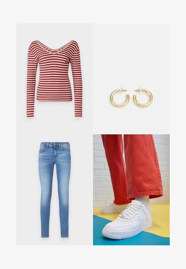 Camisola de mangas longas em riscas vermelhas e rosa claro, apresentando um decote em V profundo com textura canelada e design ajustado.; Jeans de ganga azul claro, slim-fit, com cintura média, botão frontal e design de cinco bolsos.; Sapatilha de couro branca com biqueira perfurada, sola texturizada e atacadores brancos, combinada com calças largas vermelhas e um fundo azul e amarelo.; Brincos em argola dourados com um acabamento liso e brilhante. Design circular com um pequeno pino e suporte transparente para um uso seguro.