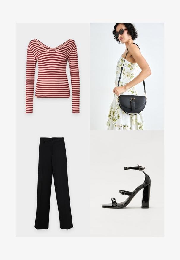 Bluză cu mânecă lungă în dungi roșii și roz deschis, având un decolteu adânc în V cu textură ribată și un design ajustat.; Pantaloni negri cu croi larg, dintr-un material neted, având un talie clasică cu închidere prin buton și plisuri frontale.; Sandale cu toc din patent negru, cu vârf pătrat, curele la gleznă și catarame din argint. Dispune de un toc gros pentru stabilitate.; Geantă din piele neagră, cu o formă curbată, curea detașabilă și accesorii aurii. Geanta are un capac cu un detaliu tip cataramă.