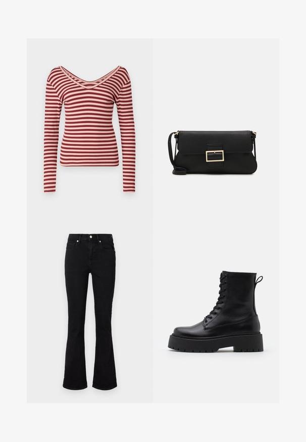 Długisleeve top w czerwono-różowe paski, z głębokim dekoltem w serek, o ribbowanej fakturze i dopasowanym kroju.; Czarne jeansy o rozszerzających się nogawkach, wykonane z denimu, z średnim stanem, przednimi kieszeniami i zapięciem na guzik. Gładka tekstura z minimalnymi detalami ściegów.; Czarne skórzane botki za kostkę z okrągłym noskiem, sznurówką z przodu i grubą gumową podeszwą z teksturowanym bieżnikiem. Pętelka do zakładania z tyłu.; Czarna skórzana torebka kopertowa z klapką i detalem w postaci złotej metalowej klamry. Zawiera czarny pasek oraz elegancki, minimalistyczny design.; Srebrne kolczyki w formie obręczy o minimalistycznym designie. Okrągły kształt, gładka faktura i cienki profil. Lekkie, z polerowanym wykończeniem.