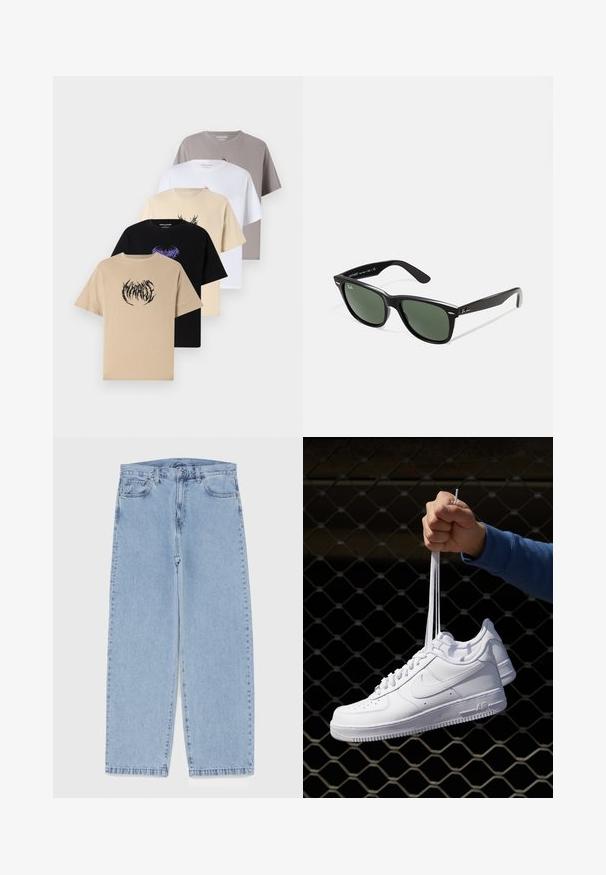 Penki marškinėliai - kreminės, juodos, baltos, šviesiai pilkos ir smėlinės spalvų. Kiekvieni turi unikalų grafikos dizainą, su skirtingomis tekstūromis ir kirpimu.; Šviesiai mėlyni džinsai su tiesiomis kojomis, turintys vidutinio aukščio juosmenį, penkias kišenes ir mygtuko bei užtrauktuko uždarymą.; Balti odiniai sportiniai bateliai su perforacijomis, apvalia nosimi, plokščiu padu ir storomis raištelėmis, su matomu swoosh logotipu ir "AIR" ant kulno.; Juodi plastikiniai saulės akiniai su žaliais objektyvais, kvadratiniais rėmeliais, sidabriniu akcentu ant antakio ir tekstūruotais šventyklų šakutėmis. Vidinėje šakutėje nurodyta prekės ženklo pavadinimas.