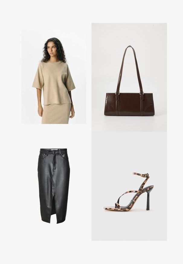 Beige striktrøje med korte ærmer og runde halsudskæring, der har en afslappet pasform og glat tekstur. Sammen med en matchende nederdel.; Sort button-up skjorte med en glat overdel og en blondekant med blomster mønstre. Kraven er struktureret, med perle-lignende knapper ned ad fronten.; Sorte lædernederdel med en mellemlang design, der har en frontslids, klassiske bæltesløjfer og syede detaljer langs sømmene.; Sandaler med høje hæle og stropper, med firkantet tå, som har et leopardmønster i nuancer af brun og sort på en glansfuld overflade.; Brun lakeret håndtaske med rektangulær form, to lange håndtag og subtile buede detaljer på fronten.