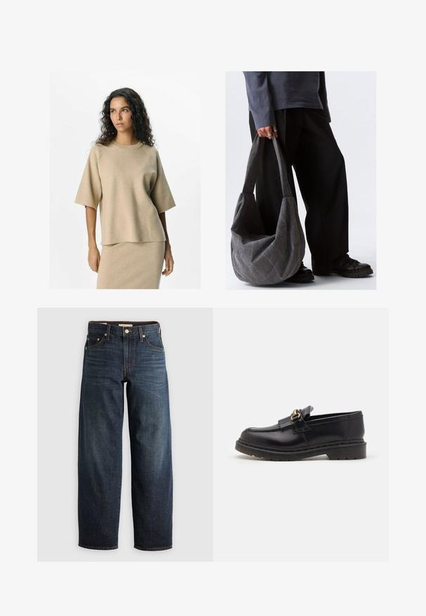 Beidzis adīts tops ar īsām piedurknēm un apaļu kakla izgriezumu, ar brīvu piegriezumu un gludu tekstūru. Saskaņots ar atbilstošu svārku.; Tumši zili džinsi, kas izgatavoti no denima, ar taisnas kājas dizainu, piecu kabatu stilu un augšējo šuvju akcentiem, kā arī pogu aizdari.; Melni ādas loafers ar noapaļotu purngali, dekoratīvu fringu un zelta aksesuāriem. Bieza gumijas zole papildu saķerei un izturībai.; Pelēkas auduma plecu soma ar brīvu formu, ar gludu tekstūru un platām siksnām. Somu tur personas tumšās biksēs.