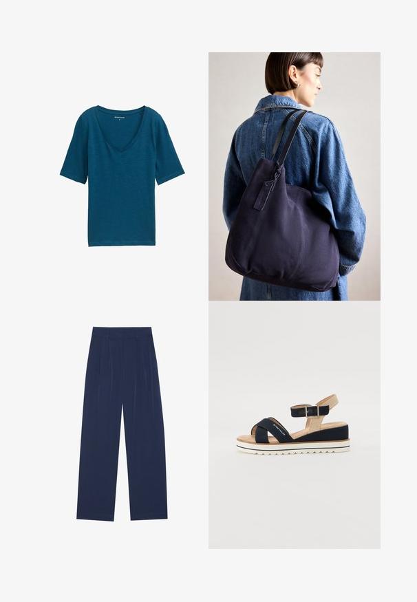 Mėtų spalvos V formos kaklo marškiniai, pagaminti iš minkštos medžiagos, su trumpomis rankovėmis ir laisvu siluetu. Stiprus paviršius su minimaliais akcentais.; Tamsiai mėlynos plačios kelnės, pagamintos iš minkštos medžiagos, su priekiniu raukiniu, lygiu paviršiumi ir tiesiu siluetu be matomų kišenių.; Tamsiai mėlynos šlepetės su dviem audinio dirželiais, reguliuojamu kulkšnies dirželiu ir tekstūruotu smėlio spalvos užkulniu. Storesnis baltas, banguotas padas. Prekės ženklas atspaustas ant dirželio.; Tamsiai mėlynas drobės petinis krepšys su minkšta, struktūruota forma, pasižymintis juodu diržu, siuvinėtomis detalėmis ir mažyčiu prekės ženklo žymekliu.