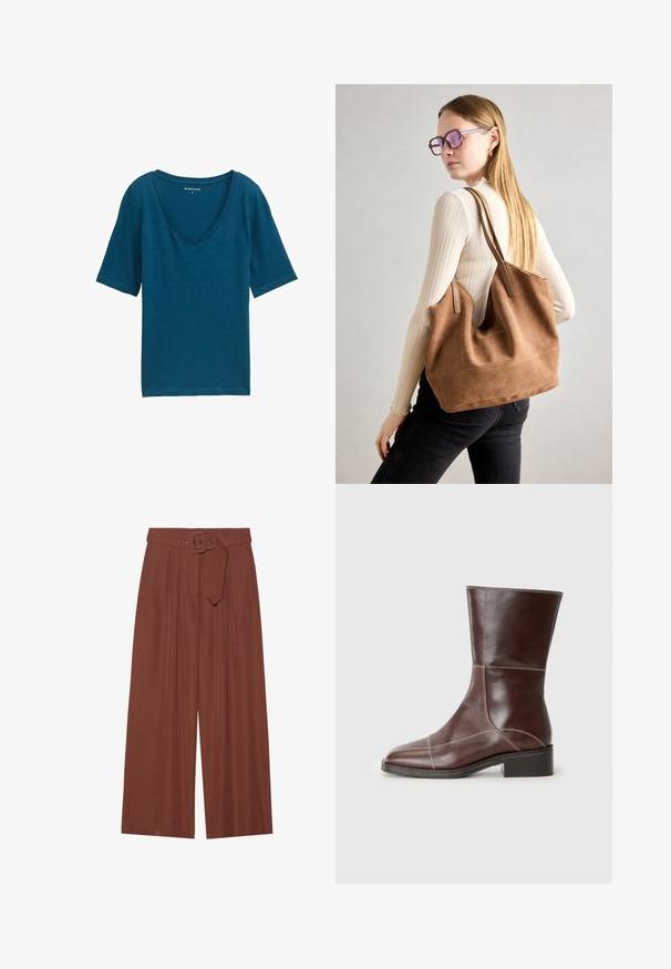 Teal V-izrez majica iz mehke tkanine, z kratkimi rokavi in sproščenim krojem. Gladka tekstura z minimalnimi detajli.; Široke hlače iz rjavega blaga, ki vključujejo pas s kvadratno zaponko, nabran dizajn in gladko teksturo.; Rjavi usnjeni gležnjarji s kvadratnim nosom in nizko peto, z kontrastnim šivanjem ob šivih. Jasna ozadje.; Rjava semišna torba z mehko teksturo, velikim odprtjem in dolgimi ročaji. Ima preprost dizajn z vidnim šivanjem in brez okovja.