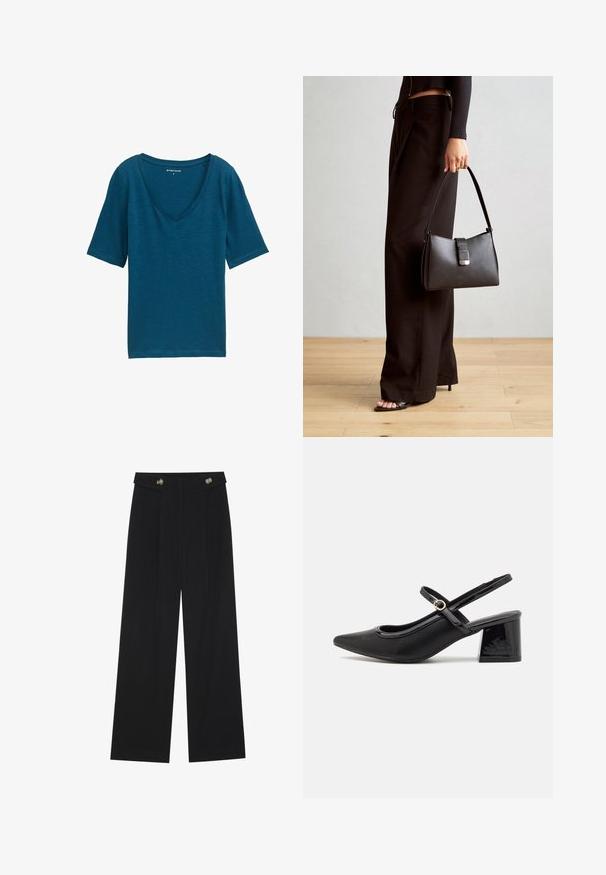 Teal tričko s výstrihom do V vyrobené z jemného materiálu, s krátkymi rukávmi a voľným strihom. Hladká textúra s minimálnymi detailmi.; Čierne široké nohavice s vysokým pásom, so zapínaním na gombíky na páse a prednými sklady.; Čierne lakované kožené lodičky so slingback dizajnom, špicatou špičkou, zaobleným výrezom a blokovým podpätkom. Obsahuje akcent zlatého tónu s prackou.; Čierna kabelka so štruktúrovaným tvarom, hladkou textúrou a kovovou sponou. V kombinácii so širokými čiernymi nohavicami a sandálmi s otvorenou špičkou na drevenej podlahe.