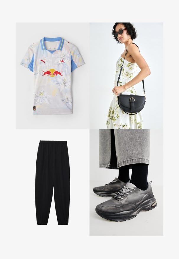 Jersey de manga corta en colores claros con diseño floral. Cuenta con un cuello azul, parches con logotipos y una tela suave y ligera.; Pantalones negros, ligeros, con cintura elástica y tobillos fruncidos. La tela es suave y presenta un diseño relajado y ajustado.; Las zapatillas deportivas en negro y gris cuentan con una parte superior de malla, suelas gruesas y cordones. Tienen una punta redondeada y un detalle de amortiguación visible.; Bolso de piel negra con forma curva, correa desmontable y herrajes dorados. El bolso cuenta con una solapa con un detalle de hebilla.