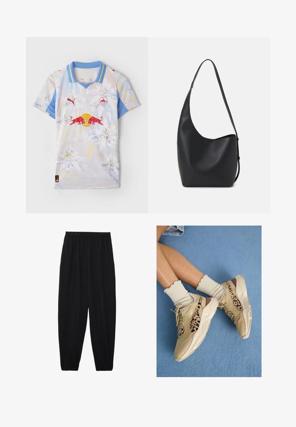 T-shirt à manches courtes dans des couleurs claires avec un motif floral. Doté d'un col bleu, de patchs de logo et d'un tissu léger et lisse.; Pantalons noirs légers avec une taille élastique et des chevilles froncées. Le tissu est lisse et présente un design décontracté et fuselé.; Jambes croisées portant des baskets Puma beige avec des rayures léopard et des chaussettes crème à volants sur un sol recouvert de moquette bleue.; Sac hobo en cuir noir avec une texture lisse, une forme incurvée et une seule sangle réglable ; dispose d'une large ouverture en haut.