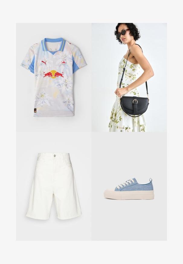 T-shirt à manches courtes dans des couleurs claires avec un motif floral. Doté d'un col bleu, de patchs de logo et d'un tissu léger et lisse.; Shorts en denim blanc taille haute, dotés d'une fermeture à boutons à l'avant, de deux poches latérales et d'une coupe décontractée. Texture lisse sans motifs visibles.; Baskets en toile bleu clair avec une coque en caoutchouc crème et une semelle extérieure, dotées de lacets blancs et d'une languette au talon.; Sac à main en cuir noir avec une forme courbée, bandoulière amovible et des accessoires en or. Le sac est doté d'un rabat avec un détail de boucle.