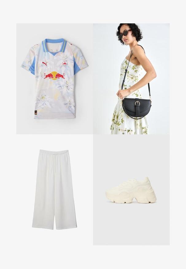 Maglietta a maniche corte in colori chiari con design floreale. Presenta un colletto blu, patch del logo e un tessuto liscio e leggero.; Pantaloni bianchi a gamba larga realizzati in tessuto leggero, dotati di una vita elastica e di un cordino per una vestibilità regolabile. Texture liscia.; Sneakers bianchi chunky realizzati in mesh testurizzato e materiali sintetici, dotati di una suola spessa e dettagli con motivi intricati lungo i lati.; Borsa a tracolla nera in pelle con una forma curva, manico rimovibile e accessori dorati. La borsa presenta una patta con un dettaglio a fibbia.