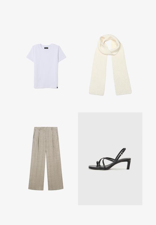 Ein schlichtes weißes T-Shirt mit kurzen Ärmeln und Rundhalsausschnitt, versehen mit einem kleinen schwarzen und gelben Markenlabel am Kragen und am unteren Saum.; Beige karierte weit geschnittene Hose aus strukturierter Stoffqualität, mit Frontfalten, seitlichen Taschen und einem Bund für einen sicheren Sitz.; Schwarze Sandale mit Riemchen, quadratischer Zehenform und niedrigem Blockabsatz. Verfügt über mehrere dünne Riemen und einen verstellbaren Knöchelriemen. Hergestellt aus glattem Leder.; Weiche, gestrickte cremeweiße Schal, locker oben gefaltet, mit beiden Enden, die gerade nach unten hängen.; Schwarze Leder-Tote mit glatter Textur, strukturiertem Design, zwei Griffen und einem auffälligen silbernen Schnallen-Detail auf der Vorderseite.