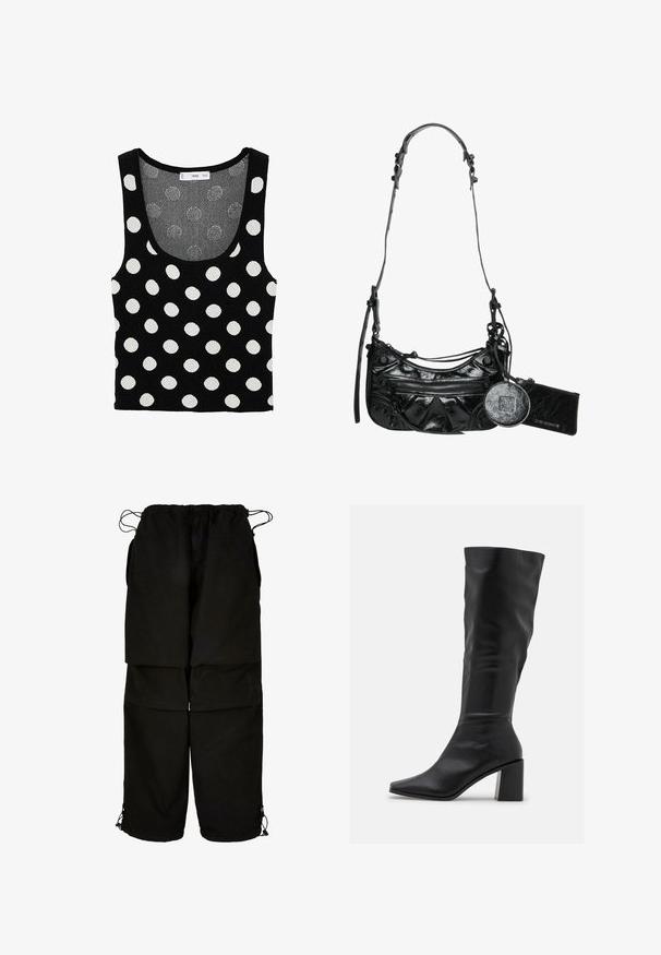 Čierny tielko s veľkými bielymi bodkami, okrúhlym výstrihom a bezrukávovým dizajnom. Vyrobené z mäkkého pleteného materiálu s textúrovaným povrchom.; Čierne nohavice vyrobené z ľahkej textílie, s nastaviteľným pásom a šnúrkami na leme. Navrhnuté v voľnom, oversized strihu s viacerými vreckami.; RAID BLICK - Čižmy - black; Čierna syntetická kožená kabelka s zakriveným dizajnom, so zipsom v prednej kapse a dekoratívnym kovovým príslušenstvom, vrátane odnímateľnej okrúhlej peňaženky.