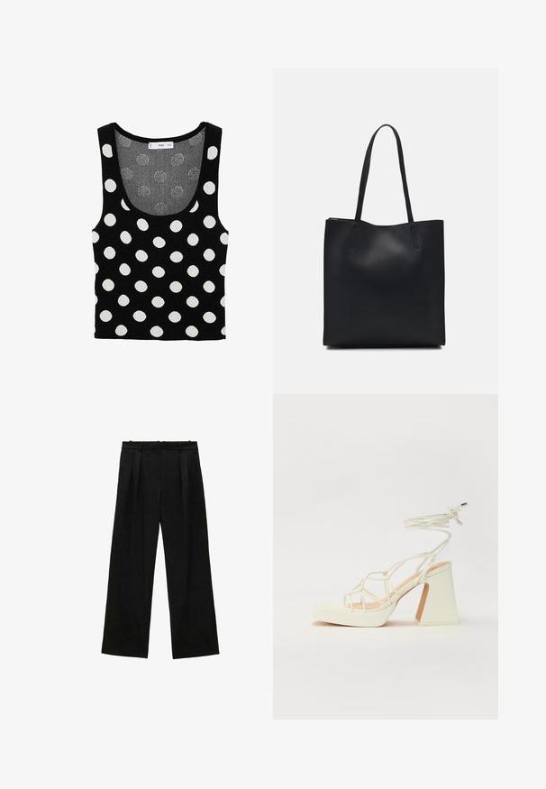 Black tank top with large white polka dots, scoop neckline, and sleeveless design. Made from soft knit material with a textured finish.; Black wide-leg trousers with pleats, featuring a smooth texture and a high waist design. Minimalist style, no visible hardware or embellishments.; White high-heeled sandal with a chunky heel, featuring a strappy design and ankle tie. Smooth texture with a platform front for added height.; Black leather tote bag with smooth texture, rectangular shape, and two long handles. No visible hardware or embellishments.
