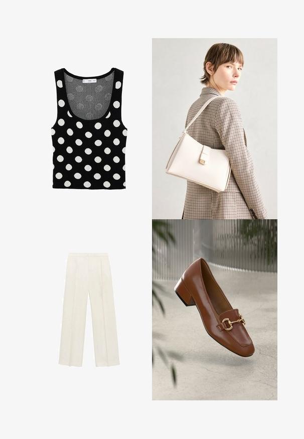 Črna majica na tanko z velikimi belimi pikami, z okroglo izrezom in brezrokavnim dizajnom. Narejena je iz mehke pletene tkanine z teksturirano površino.; Hlače širokih nogavic v svetli kremni barvi. Narejene iz gladkega materiala s plitkimi naborki spredaj in stranskimi žepi.; Rjavi lakirani loafer z kvadratnim nosom, kovinsko verigo kot okrasom in nizko blok podplatom; gladka tekstura, minimalističen dizajn.; Bela usnjena torba s strukturirano zasnovo, opremljena z magnetnim zapiranjem in naramnico, prikazana na nevtralni ozadju.