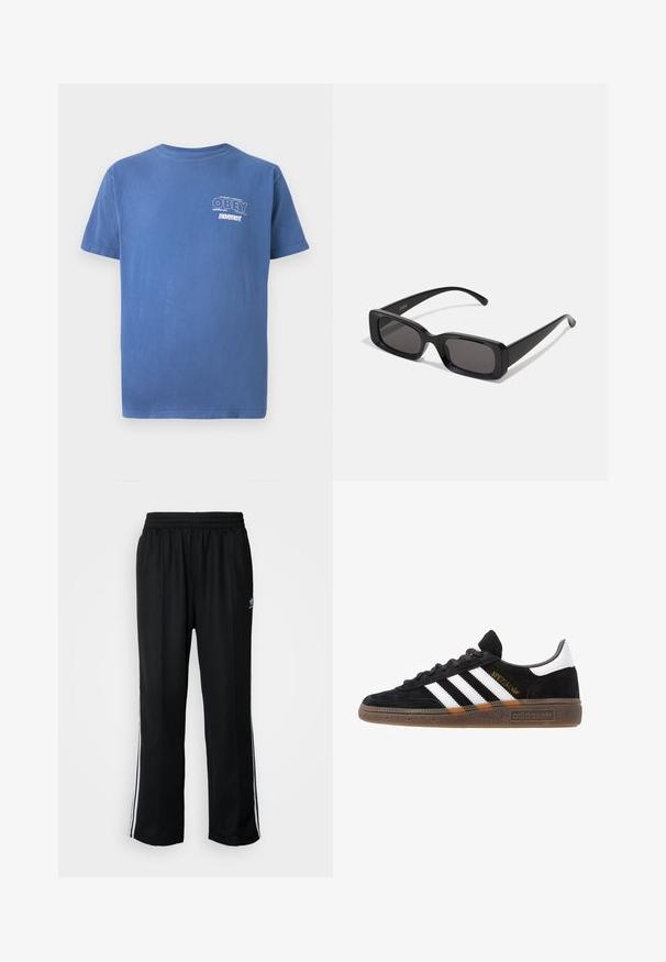 Zila īsām piedurknēm t-krekls ar mazu balto tekstu "OBEY Perpetual Persistent movement" kreisajā krūtīs.; Melni sporta bikses ar elastīgu jostas vietu, kurām ir baltas sānu svītras un neliels logotips. Materiāls izskatās mīksts un viegls.; Melnas Adidas sporta kurpes ar baltām svītrām, zelta "Spezial" uzrakstu, gumijas zoli un baltu papēža daļu, attēlotas profila skatījumā.; Melnas taisnstūrveida saulesbrilles ar tumšiem stikliem, spīdīga apdare, platas kājas un masīvs rāmja dizains. Uz vienas kājas ir iegravēts zīmola nosaukums.; Melnas ādas plecu soma ar rāvējslēdzēja aizdari, ar teksturētu virsmu, baltu dūrienu un siksnu ar sudraba iekavām.