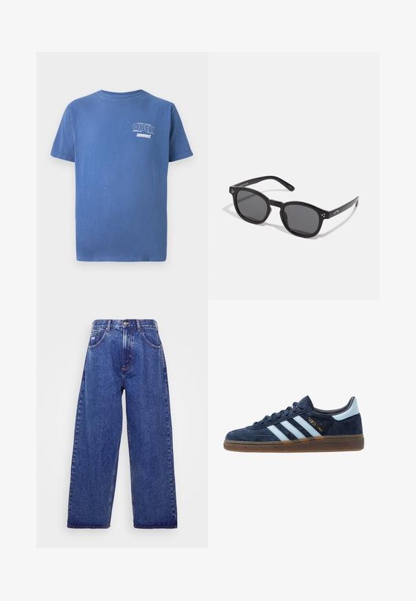Sininen lyhythihainen t-paita, jossa on pieni valkoinen "OBEY Perpetual Persistent movement" -teksti vasemmassa rinnassa.; Korkeavyötäröiset, siniset farkut, joissa on leveät lahkeet, viisi taskua, nappisuljenta ja hienovarainen haalistuma tekstuurin lisäämiseksi.; Adidaksen tummansininen mokkanahkakengät vaaleansinisin raidoitta, kumipohja, vaaleansininen kantatuki ja kultainen "Spezial" -merkintä sivussa.; Mustat soikeat aurinkolasit tummilla linsseillä, paksuilla kehyksillä ja hopeisilla pistekoristeilla sivuilla. Liukas muovimateriaali, nykyaikainen muotoilu.