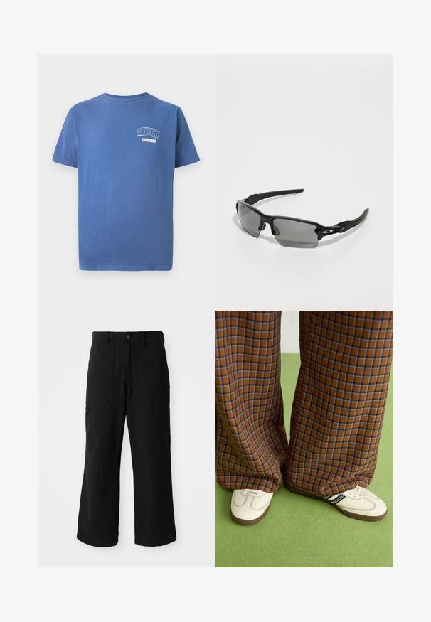 Camiseta azul de manga curta com pequeno texto branco "OBEY Perpetual Persistent movement" no lado esquerdo do peito.; Calças largas pretas feitas de tecido macio, com bolsos frontais e fecho de botão na cintura. Design minimalista sem padrões visíveis.; Calças largas em padrão xadrez castanho e azul, combinadas com sapatos brancos com detalhes pretos e solas texturizadas, contra um fundo verde.; Óculos de sol desportivos pretos com lentes cinzentas, um design de armação curva e detalhe de logótipo na lateral. Feitos de material plástico leve.