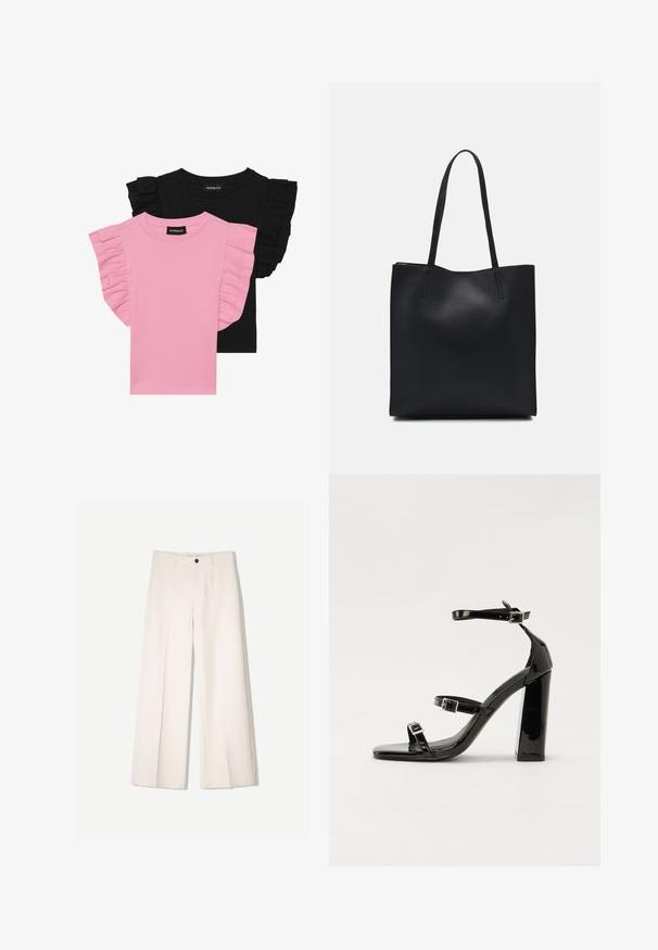 Dvě trička s krátkým rukávem: jedno růžové s volánovými rukávy, druhé černé se stejnými volány. Obě mají kulatý výstřih a jsou vyrobeny z bavlny.; Krémové široké kalhoty s tailored designem, které mají dvě přední kapsy a jedno zapínání na knoflík vpředu, vyrobené z hladkého materiálu.; Černé lakované sandály na podpatku se čtveratou špičkou, lýtkovými pásky a stříbrnými přezkami. Disponují masivním blokovým podpatkem pro stabilitu.; Černá kožená taška přes rameno s hladkým povrchem, obdélníkovým tvarem a dvěma dlouhými uchy. Žádné viditelné kování ani ozdoby.