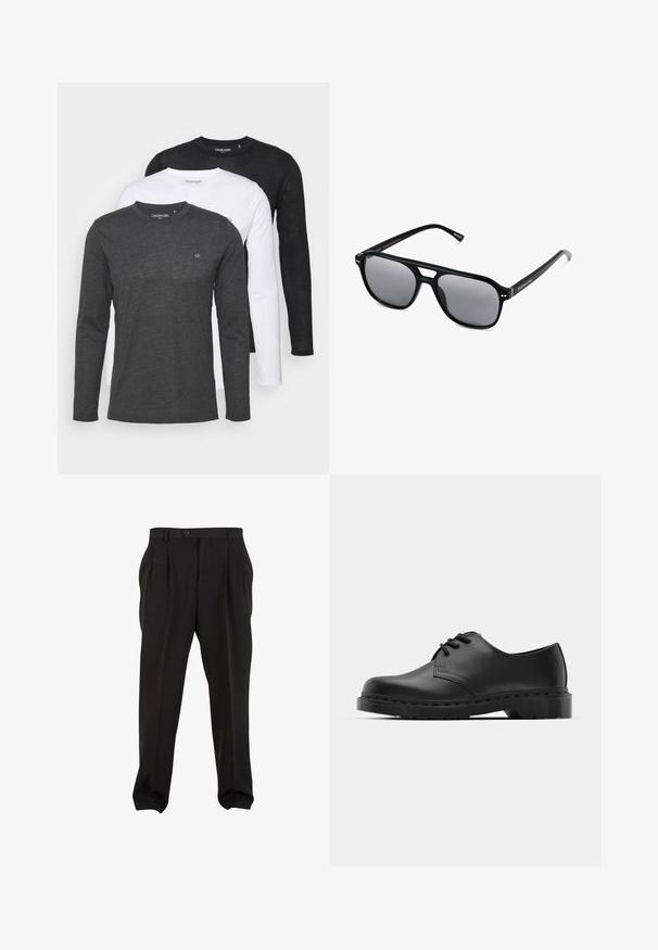 Set van drie lange mouwen t-shirts: één grijs, één wit en één zwart. Elk heeft een ronde halslijn en een klein logo op de borst.; Zwarte broek van gladde stof, met voorplooien, een knopenband en taps toelopende enkelboorden. Klassieke taillering.; Zwarte leren oxford schoenen met vetersluiting, ronde neus, platte rubberen zool en subtiele stiksel details langs het bovenwerk.; Zwarte zonnebril met rechthoekige montuur, grijs getinte glazen en een uitgesneden ontwerp bij de neusbrug. Strak, glanzend kunststof materiaal met smalle veren.
