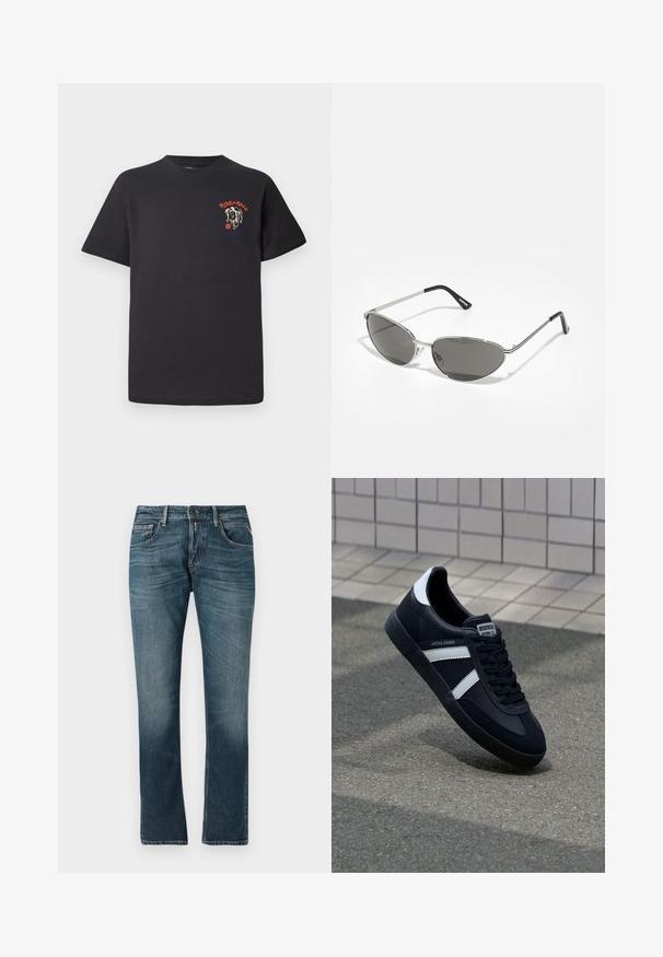 Black cotton T-shirt featuring a round neckline, short sleeves, and a graphic design of a dog’s face with red accents on the chest.; Blue denim jeans with a straight leg fit, faded wash, five-pocket design, and contrasting stitching. Button and zip fly closure.; Black leather sneaker with white stripes, textured rubber sole, and lace-up front. Features a branded label on the tongue.; Sunglasses with a sleek, silver metal frame, gray tinted lenses, and an aerodynamic design featuring pointed edges and thin arms.