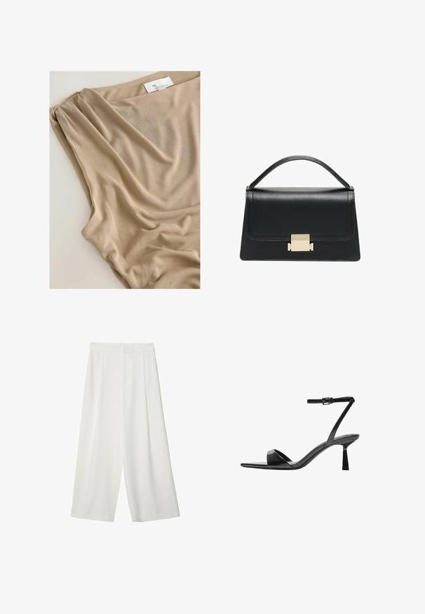 Beige kangas yambayo na utelezi laini, ukiwa na lebo inayoonekana katika kipengele cha juu ikionesha chapa au mkusanyiko.; Valkoiset, leveät, lyhyet housut sileällä pinnalla, joissa on litteä etuosa, eivätkä niissä ole näkyviä kiinnityksiä tai taskuja.; Bershka Korolliset sandaalit - black; Musta nahkakäsilaukku, jossa on jämäkkä muotoilu, yläkahva ja kultainen metallisolki edessä. Sujuva pinta, minimaalinen ompelu.