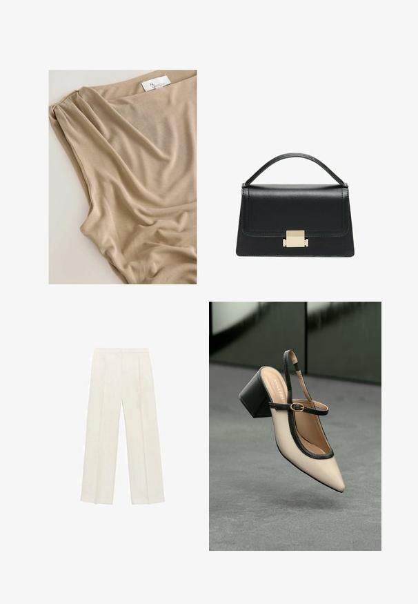 Béžová tkanina s jemným skládáním a hladkým povrchem, s viditelnou štítkem na horním okraji označujícím značku nebo kolekci.; Kalhoty s širokými nohavicemi v světle krémové barvě. Vyrobené z hladké tkaniny s záhyby vpředu a bočními kapsami.; Beige boty s špičatou špičkou a otevřenou patou, černými detaily, zlatou přezkou a silným blokovým podpatkem, na šedé podlaze s tmavě zeleným pozadím.; Černá kožená kabelka se strukturovaným designem, horním uchopením a zlatým kovovým zapínáním na přední straně. Hladký povrch, minimální švy.