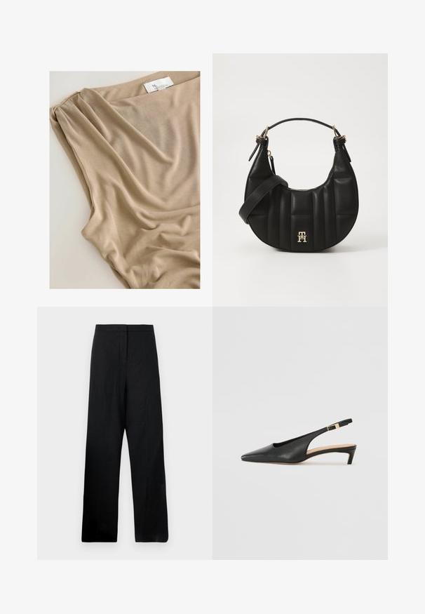 Tessuto beige caratterizzato da morbide cadute e una superficie liscia, con un'etichetta visibile sul bordo superiore che indica il marchio o la collezione.; Pantaloni neri a gamba larga realizzati in un tessuto leggero. Presentano una superficie liscia, vita alta e dettagli di cucitura minimi.; Sandal in pelle nera con tacco a punta, tacco basso e cinturino alla caviglia regolabile con fibbia in tono oro. Texture liscia.; Borsa a spalla in pelle nera con forma curva, texture trapuntata e dettagli in oro. Presenta una tracolla removibile e dettaglio del logo.