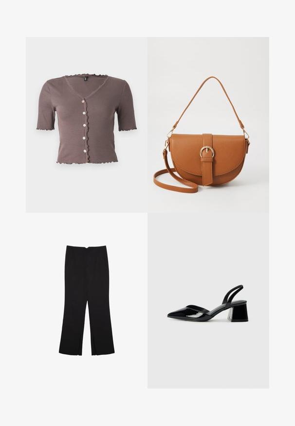 Hnedý rebrovaný top s krátkym rukávom a vlnitým výstrihom a lemom, s piatimi malými krémovými gombíkmi vpredu.; Čierne nohavice so strihom rovného strihu, s prednými vreckami a bočnými rozparkami na leme. Vyrobené z mäkkej, hladkej tkaniny. Vhodné na rôzne príležitosti.; Čierne lakované kožené sandálové podpätky s špicatou špičkou a geometrickým blokovým podpätkom. Disponujú elegantným, minimalistickým dizajnom a hladkým povrchom.; Hnedá kožená kabelka cez telo s zakriveným tvarom, zlatými kovovými doplnkami a akcentom s prackou. Obsahuje odnímateľný ramenný popruh.