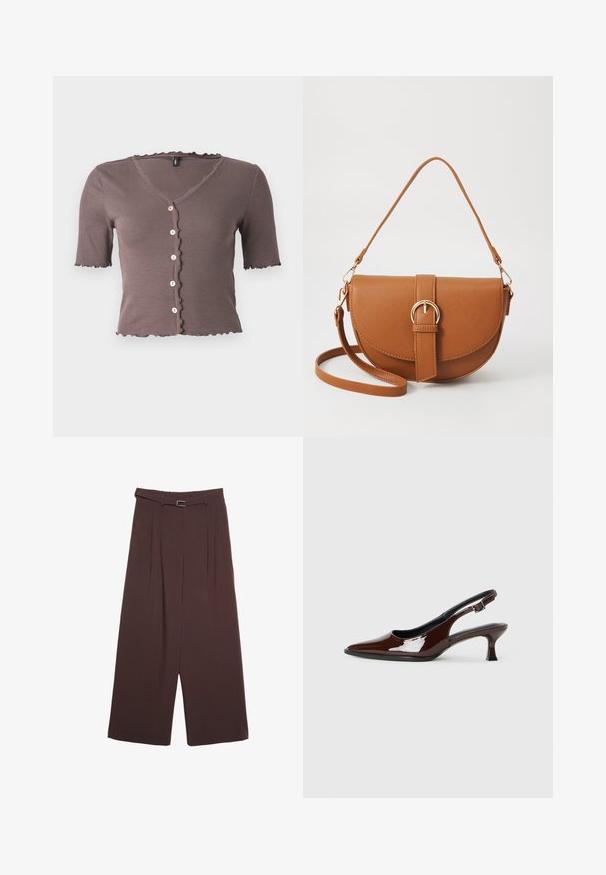 Rjav rebrast kratkolinijski top z valovitim izrezom in robom, ki ima pet majhnih kremnih gumbov na sprednji strani.; Stradivarius WIDE-LEG WITH BUCKLE DETAIL - Hlače - dark brown; Rjavi lakirani slingback čevelj z ostro konico in zmerno peto. Ima zaponko za varno prileganje. Gladka tekstura.; Rjava usnjena torbica prek telesa s ukrivljeno obliko, zlate opreme in sponko. Ima odstranljiv naramni trak.