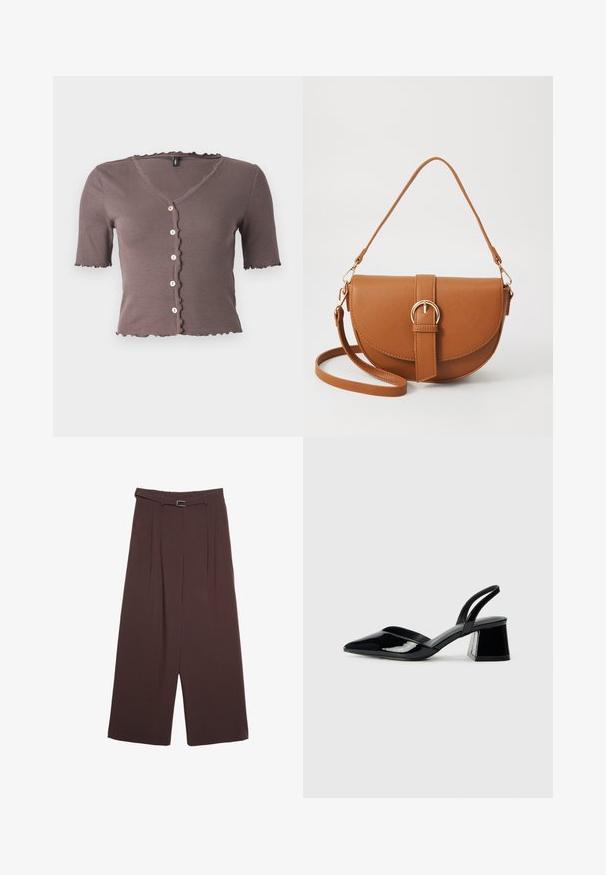 Braun gestreiftes kurzärmliges Oberteil mit einem gewellten Ausschnitt und Saum, ausgestattet mit fünf kleinen cremefarbenen Knöpfen auf der Vorderseite.; Stradivarius WIDE-LEG WITH BUCKLE DETAIL - Stoffhose - dark brown; Schwarze Lackleder-Slingback-High Heels mit spitzem Schuh und einem geometrischen Blockabsatz. Verfügt über ein schlankes, minimalistisches Design und eine glatte Textur.; Braune Leder-Crossbody-Tasche mit geschwungener Form, goldfarbenen Beschlägen und einer Schnallenakzentuierung. Verfügt über einen abnehmbaren Schultergurt.