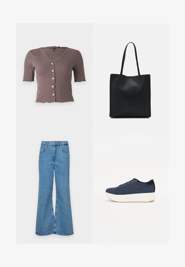 Pruun soonik, millel on lühikesed varrukad ja laineline kaelus ning krae, ees viie väikese kreemja nupuga.; Heledad sinine flared teksade rõivad, millel on kõrge talje, viis taskut ja üks nupulukk. Pehme tekstuur ja pleekinud viimistlus.; Tumedat sinised tennised tekstureeritud riidest pealispinnaga, valge platvormi tallaga, ümarate varvaste ja musta kontsapaneeliga. Omab kuut silma paelte jaoks.; Mustast nahast kott sujuva tekstuuriga, ristkülikukujuline ja kahe pika sangaga. Pole nähtavat riistvara ega kaunistusi.