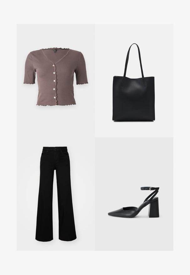 Top corto de manga corta en color marrón con un escote y dobladillo con ondas, que presenta cinco pequeños botones de color crema en la parte delantera.; Pantalones de mezclilla de pierna ancha y color negro, con una cinturilla estructurada, pasadores para cinturón y bolsillos frontales. Textura suave con un diseño clásico.; Zapato de tacón puntiagudo de cuero negro con tira en el tobillo y tacón ancho. Textura plana, diseño elegante y estética minimalista.; Bolso tote de cuero negro con textura lisa, forma rectangular y dos asas largas. Sin herrajes ni adornos visibles.
