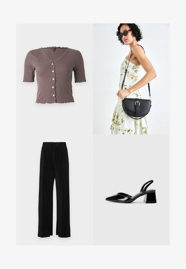 Barna bordás, rövid ujjú felső, fodros kivágással és szegéllyel, az elején öt apró krémszínű gombbal.; Fekete pliszírozott nadrág gumis derekkal. Széles lábakkal rendelkezik, sima, texturált anyagból készült, függőleges csíkokkal.; Fekete lakk bőr szandálkés magas sarkú cipő, hegyes orral és geometrikus tömbsarkakkal. Karcsú, minimalista dizájn és sima textúra jellemzi.; Fekete bőrtáska ívelt formával, levehető pánttal és arany színű fémrészekkel. A táskán egy csattal díszített fedél található.