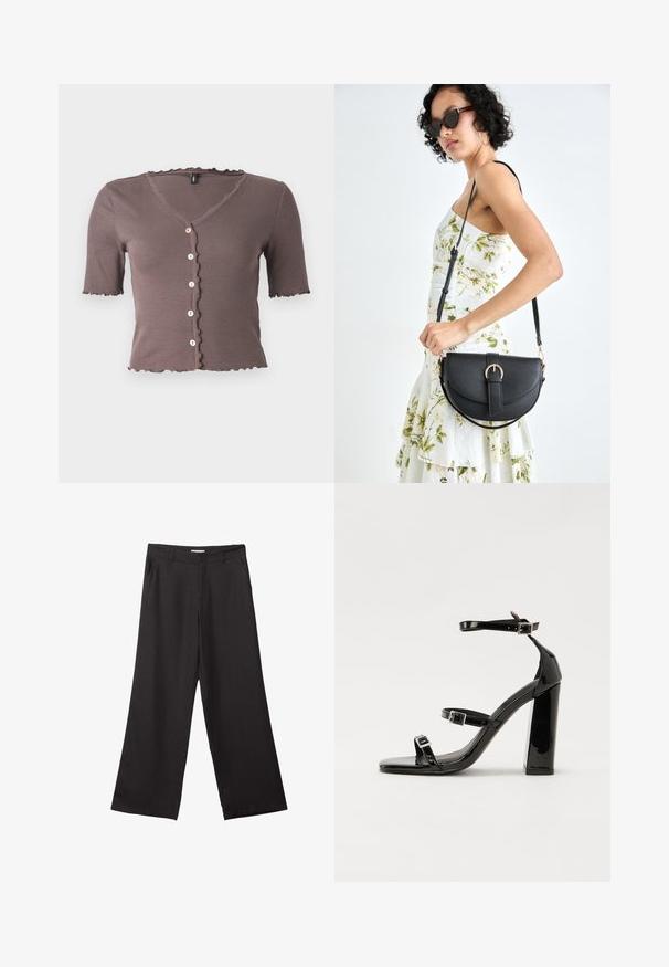 Haut marron à manches courtes en côtes avec un col et un ourlet festonnés, comportant cinq petits boutons crème sur le devant.; Pantalons larges noirs en tissu lisse, dotés d'une fermeture éclair à l'avant et de deux poches latérales, avec une coupe ajustée et un design minimaliste.; Sandales à talons vernies noires avec un bout carré, des sangles autour de la cheville et des boucles en argent. Dotées d'un talon bloc épais pour plus de stabilité.; Sac à main en cuir noir avec une forme courbée, bandoulière amovible et des accessoires en or. Le sac est doté d'un rabat avec un détail de boucle.