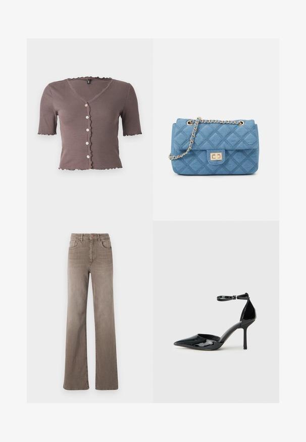 Brun ribbad kortärmad topp med en scallop-formad halsringning och nederkant, med fem små krämfärgade knappar framtill.; Bruna högmidjade rakbenade jeans med framknapp, bältesöglor och klassisk femfickorsdesign på vit bakgrund.; Svart lackläder högklackad sko med spetsig tå, ankelrem och smal stilettklack; slät, glänsande yta och minimalistisk design.; ONLY ONLFLORENCE CROSSBODY BAG - Axelremsväska - blue denim/gold