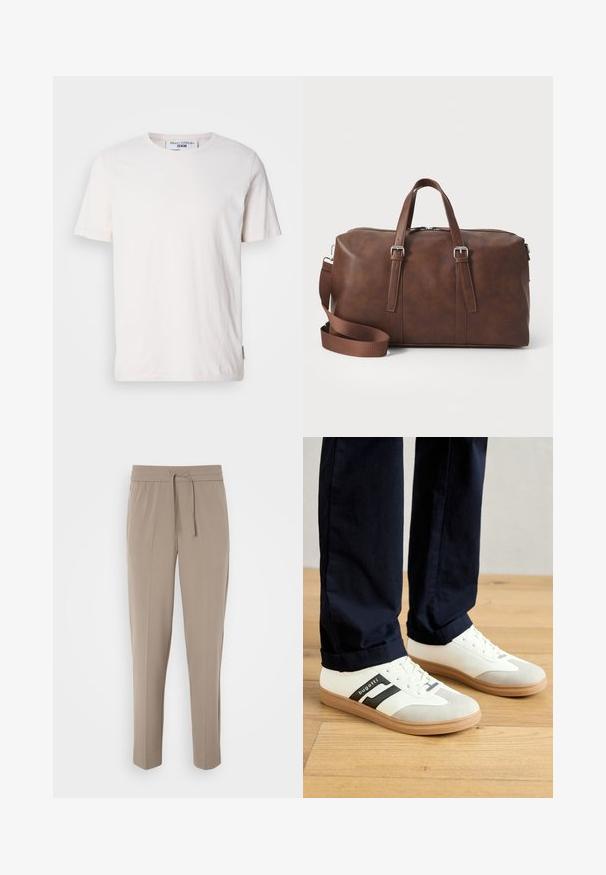 Camiseta blanca de manga corta con sutiles rayas horizontales, cuello redondo, textura suave y una pequeña etiqueta de logo en el costado.; Pantalones beige claros con cinturilla elástica, cordón ajustable y perneras estrechas. La tela parece suave con un ligero brillo.; Zapatillas blancas y grises con rayas negras, hechas de cuero, con suela de goma y cordones planos. Llevadas con pantalones color navy sobre un suelo de madera.; Bolsa de viaje de cuero marrón con asas superiores, correa desmontable, cierre de cremallera y textura elegante. Diseño minimalista sin logotipos visibles.