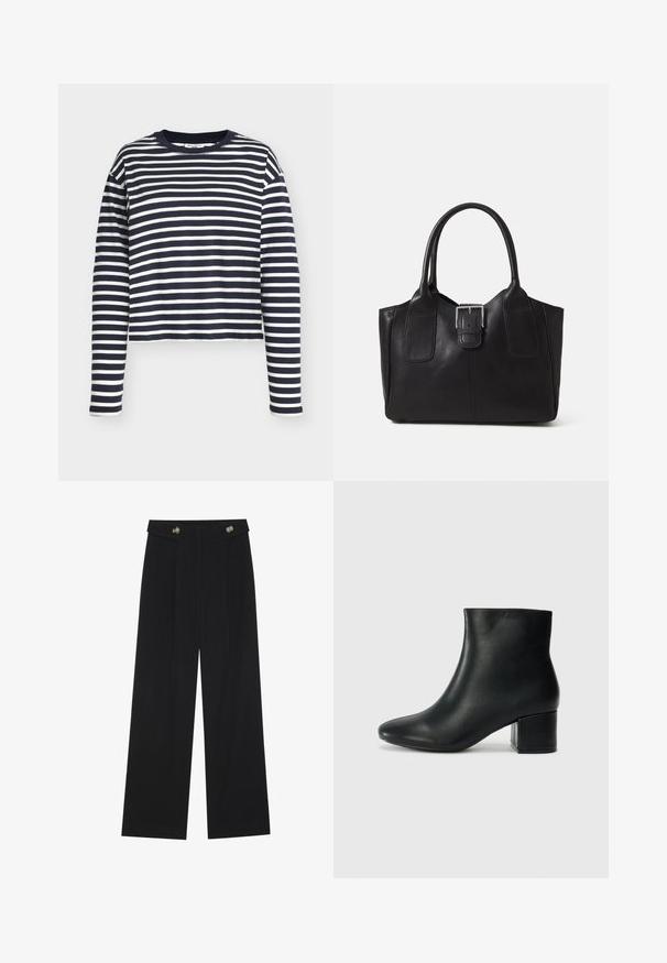 Navy and white striped long-sleeve cotton top with a crew neck and cropped design. Features straight-cut sleeves and soft texture.; Black wide-leg trousers with high waist, button details on waistband, and front pleats.; Black leather ankle boots with a pointed toe and a chunky heel. Smooth texture with minimal accents and a sleek, fitted design.; Black leather tote bag with smooth texture, structured shape, two handles, and a prominent silver buckle detail on the front.