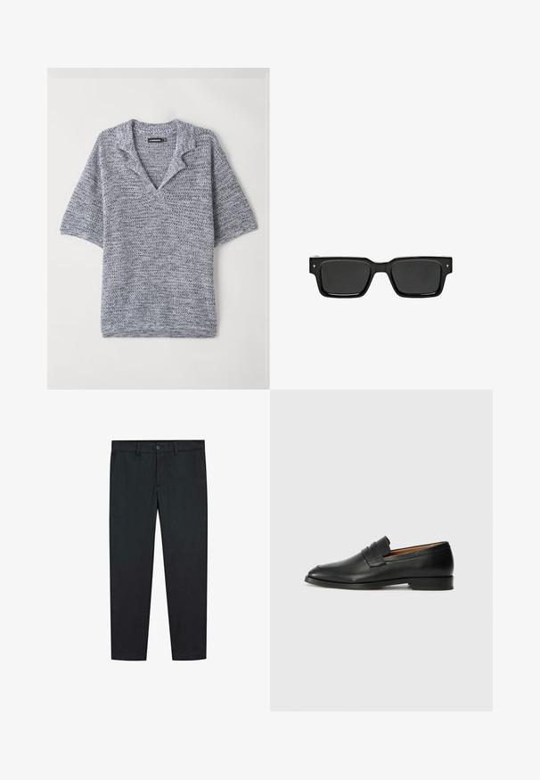 Korte mouw pullover in een gestructureerde brei, met een V-hals en een grijs-blauwe kleur met een subtiel patroon. Zacht, lichtgewicht materiaal.; Zwarte broek met een recht ontwerp, gemaakt van een soepele stof. Bevat twee voorzakken en een knoopsluiting bij de taille.; Zwarte leren instapper met een ronde neus, subtiele stikdetails en een lage hak, met een gladde textuur en een minimalistisch ontwerp.; Zwarte rechthoekige zonnebril met donkere glazen, glanzend plastic montuur en kleine handtekeningaccenten op de pootjes. Platte profiel en scherpe hoeken.
