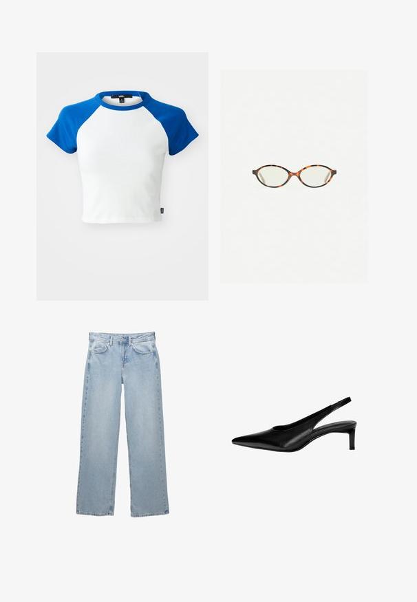 Kortärmad croppad t-shirt med vit kropp och blå raglanärmar. Tillverkad av bomull, med rund halsringning och sydd fåll.; Ljusblå denim byxor med vid bendesign, featuring en knapp- och dragkedjestängning, fem fickor och minimala sömnadsdetaljer.; Svart läderslingback med spetsig tå, låg klack och utskärningar på sidorna. Slät textur med en elegant utseende.; Sköldpaddsmönstrade glasögon med ovala linser och en elegant, slät yta. Har tunna sidor med en subtil kurva vid tinningarna. Klara linser.; Röd läderaxelväska med en rundad design, slät yta och dragkedjestängning. Den har ett tunt handtag för bärande.