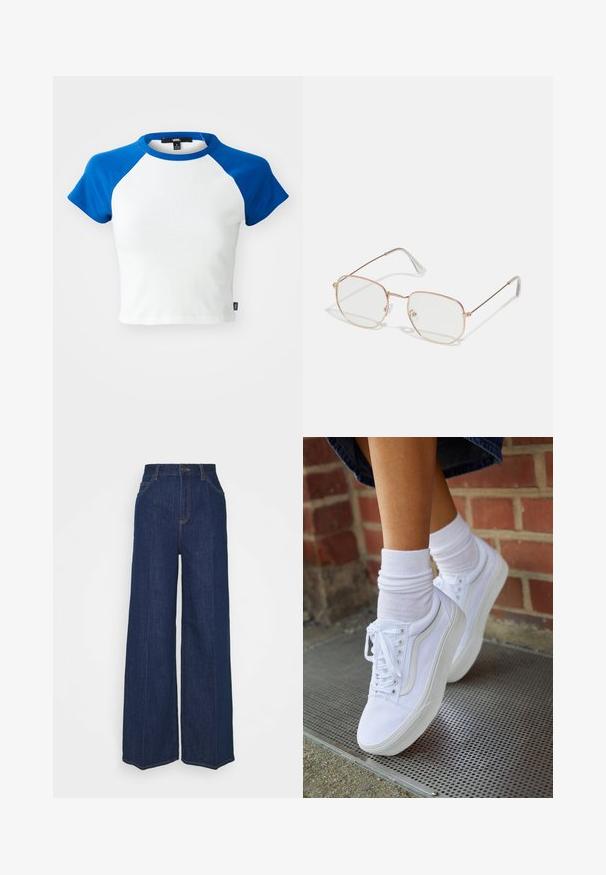 Kurzes, tailliertes T-Shirt mit weißen Körper und blauen Raglanärmeln. Aus Baumwolle gefertigt, mit Rundhalsausschnitt und genähtem Saum.; Hochtaillierte, weit geschnittene, dunkelblaue Jeans aus Denim mit Front- und Gesäßtaschen, Knopfverschluss und sichtbaren Nähdetails.; Weiße Leinensneaker mit Gummisohlen, ausgestattet mit sechs Ösen, runder Zehenpartie und dezenten Nähten, kombiniert mit weißen Knöchelsocken.; Rechteckige Brille mit einem dünnen, rosegoldenen Metallrahmen. Klarsichtgläser, transparente Bügelenden und filigrane Verzierungen um die Gläser.