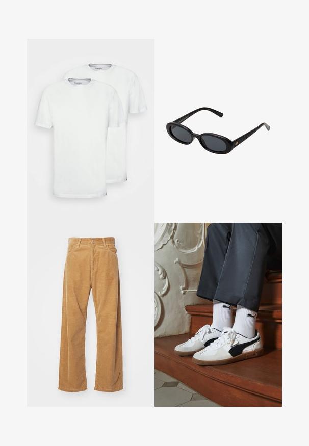 To hvide bomulds t-shirts med korte ærmer og rund hals. De har en glat tekstur og ingen synlige mønstre eller designs.; Bredde corduroybukser i en tan farve. Har teksturerede, vertikale ribber, en standard talje og to frontlommer.; Puma sneakers i hvid og sort ruskind med en brun gummisål. Bæres med hvide sokker med et sort logo og mørke bukser.; Store store