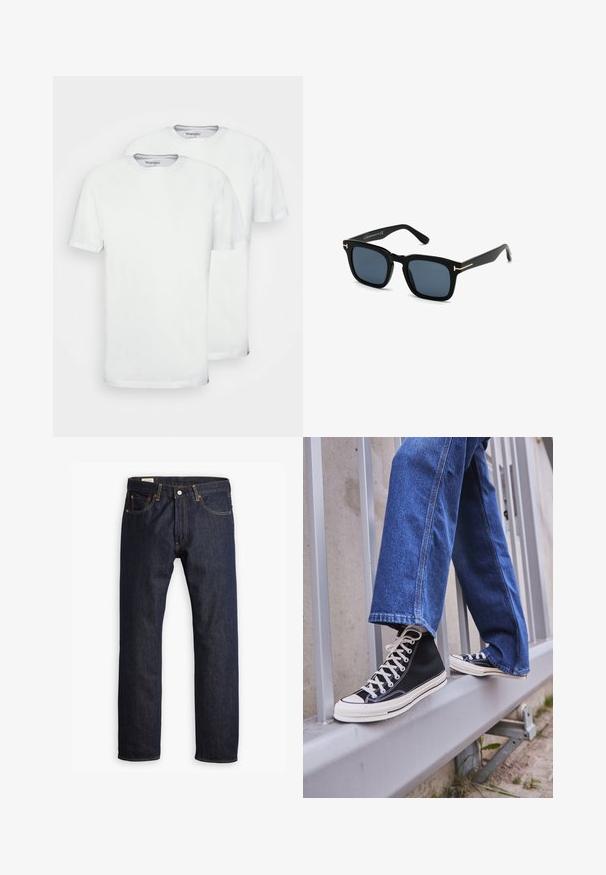 To hvide bomulds t-shirts med korte ærmer og rund hals. De har en glat tekstur og ingen synlige mønstre eller designs.; Mørkeblå denimjeans med lige ben, orange syninger og fem lomme-design med metalspænde.; Sorte høj-top sneakers med hvid sål og snørebånd, parret med løse blå denimjeans, hvilende på et gråt gelænder.; Sorte firkantede solbriller med mørke linser, mat finish og guldmetal detaljer på stangen, der har et minimalistisk design.