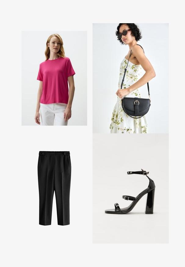 Korte mouwen, ronde hals t-shirt van felroze stof met een zachte textuur, gecombineerd met witte broek. Eenvoudig ontwerp zonder zichtbare patronen of accenten.; Zwarte cropped broeken met een losse pasvorm, elastische tailleband en twee voorkruiken. De stof heeft een gladde textuur met een licht glanzende afwerking.; Zwarte gepatenteerde sandalen met hak en een vierkante neus, enkelbandjes en zilveren gespen. Heeft een stevige blokhak voor stabiliteit.; Zwarte leren handtas met een gebogen vorm, afneembare schouderband en gouden hardware. De tas heeft een klep met een gespsluiting.