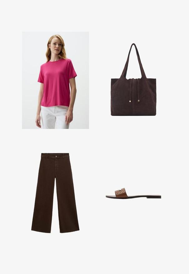 Short-sleeve, crew neck t-shirt in bright pink fabric with a soft texture, paired with white pants. Simple design with no visible patterns or accents.; Brown wide-leg trousers in cotton blend, featuring a frayed hem, front button closure, and classic five-pocket design. Minimalistic and versatile.; Brown leather slide sandal with a flat sole, featuring a wide strap and white geometric accents for minimalistic design.; Mango Tote bag - dark brown