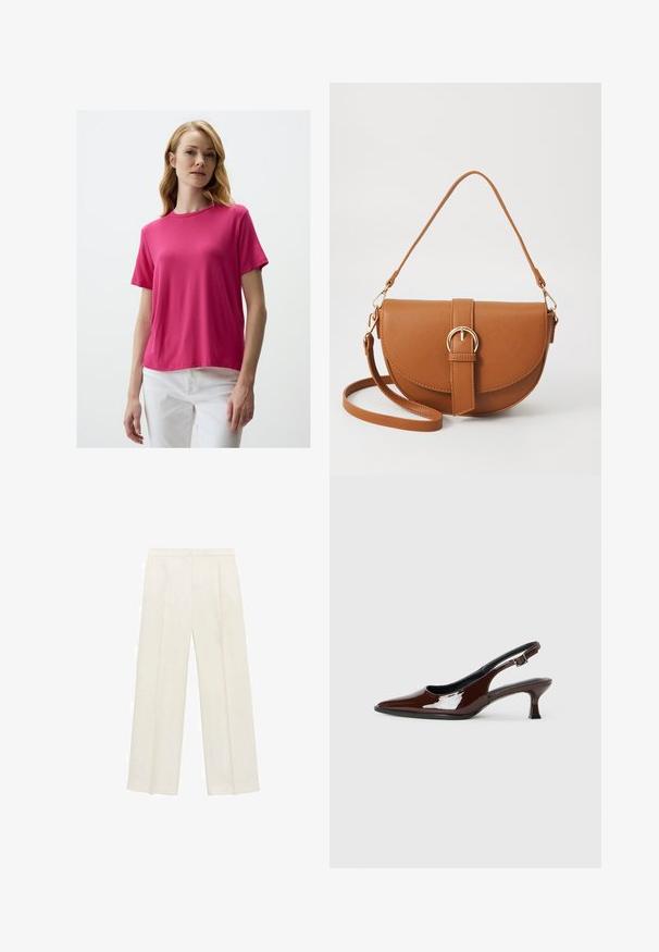 Korte mouwen, ronde hals t-shirt van felroze stof met een zachte textuur, gecombineerd met witte broek. Eenvoudig ontwerp zonder zichtbare patronen of accenten.; Wijdgevallen broeken in een lichtcrème kleur. Gemaakt van een zachte stof met plooien aan de voorkant en zijzakken.; Bruine gepatineerde leren slingback-schoen met een spitse neus en een gematigd hakje. Voorzien van een gespsluiting voor een veilige pasvorm. Glad van textuur.; Bruine leren schoudertas met een gebogen vorm, gouden hardware en een gespaccent. Bevat een afneembare schouderriem.