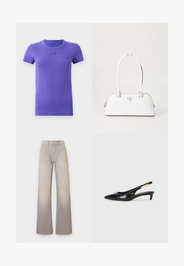 Paarse kortekous ribgebreide T-shirt met ronde hals en kleine blauwe "HUGO" logo's op de borst en binnenkant van de kraag.; Grijze wijde jeans met een vervaagde afwerking, knoopsluiting, vijfzakkenontwerp en gestikte details langs de naden.; Zwarte leren slingback hakken met een spitse neus, voorzien van een slanke hak en een goudkleurige accent op de verstelbare band. Gladde textuur.; Witte leren handtas met een gebogen vorm, voorzien van een zilveren driehoekig logo en ritssluiting. Gladde textuur en dubbele handvaten.