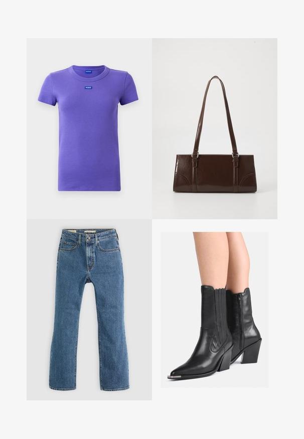 Purple short-sleeve ribbed knit t-shirt with round neckline and small blue "HUGO" logos on chest and inside collar.; Blue denim jeans with a straight leg design. Features five pockets, a standard button and zip closure, and visible stitching accents.; Black leather mid-calf cowboy boots with pointed toes, stacked heels, side zipper, and decorative stitching worn on bare legs.; Brown patent leather handbag with a rectangular shape, two long handles, and subtle curved accents on the front.; Silver hoop earrings with a smooth, polished finish. Round shape with a slightly curved design and blended edges. Pin back closure.