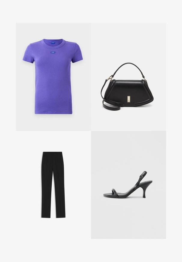 Lila kurzärmliges, geripptes Strick-T-Shirt mit Rundhalsausschnitt und kleinen blauen "HUGO"-Logos auf der Brust und im Kragen.; Schwarze maßgeschneiderte Hose mit geradem Bein, ausgestattet mit Fronttaschen und einem glatten, strukturierten Stoff. Saubere, minimale Details.; Schwarze Leder-Sandalen mit hohen Absätzen, schlankem, gebogenem Absatz und gekreuztem Riemendesign. Verstellbarer Knöchelriemen. Glatte Textur.; Schwarze Lederhandtasche mit einem strukturierten Design, das eine verkürzte Form, einen oberen Griff und goldfarbene Hardware-Details aufweist. Verstellbarer Schulterriemen ist enthalten.
