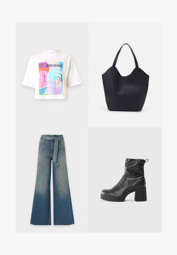Hvit kortermet t-skjorte med et fargerikt grafisk trykk som viser en scene fra Havana, med en kvinne i rosa og blå toner.; Bredde ben jeans med en lyseblå til mørkeblå gradient, høyt liv, beltehemper og et matchende belte i samme stoff. Teksturert denimoverflate.; Svarte ankelstøvler laget av glatt lær, med glidelås på siden, chunky strukturert hæl, og rund tå-design.; Svart tote-veske laget av glatt lær, med en buet, åpen topp og to skulderstropper, samt et minimalistisk design.