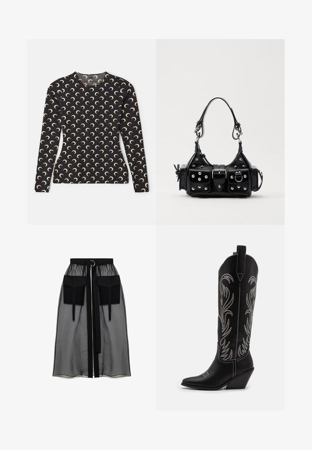 Garšā piedurkņu melna blūze ar atkārtotu pusmēness rakstu bēšā krāsā. Piemīt apaļa kakla izgriezums un gluda, elastīga auduma tiktiska.; Melnā caurspīdīgā svārka ar salikto jostasvietu, kas ietver divas lielas priekšējās kabatas, jostas saitīti un apaļu metāla akcentu.; Melnas ādas kovboju zābakus ar norādītām pirkstiem, sānām paceltu papēdi un sudraba izšūtām ziedu rakstiem gar zābaka kāju. Kontrasta dūrieni visā zābakā.; Melnas ādas rokturmais ar izliekumu, ar sudraba iedurtiem, sprādzi un divām sānu kabatām. Regulējams siksniņas garums dažādām nēsāšanas iespējām.